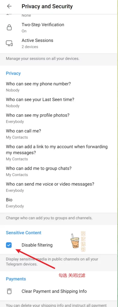 Telegram 解锁成人内容设置